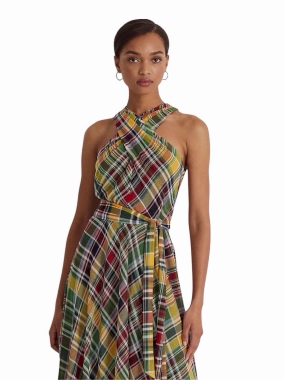 Ralph Lauren Colorful Plaid Midi Halter Dress Sz 2